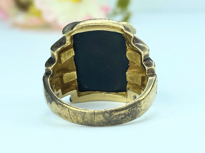 Yellow Gold Banded Agate Men's Ring 10k Carved Cameo Ancient Warrior 9.4g JR9278