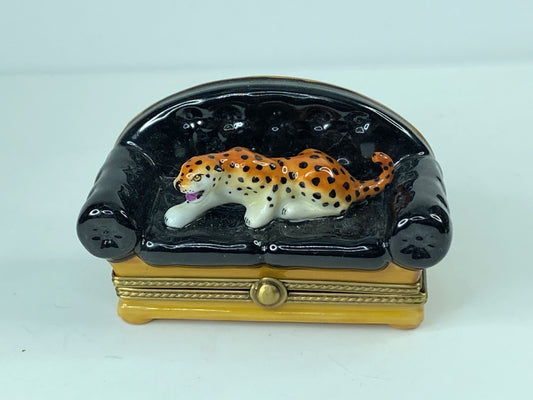 Limoges hand painted Leopard on Couch 3 1/4" x 1 1/2" x 1 3/4" A284