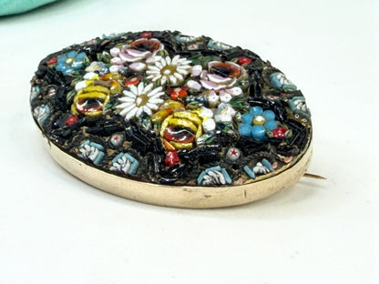 Art Deco Italian 14K Gold Micro Mosaic Floral Brooch Hand Made JR1552