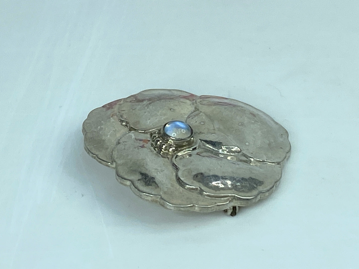 Georg Jensen Sterling Silver Pansy Brooch Moonstone No.113 Denmark JR1176