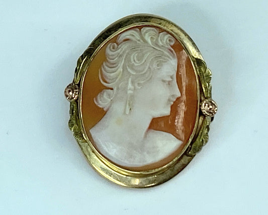 Vintage 10K Gold Shell Cameo Portrait Brooch Classical Jewelry 4.9g JR1141