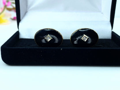 Art Deco 10K gold 0.03ct Old Euro cut Diamond Onyx oval cufflinks 7.5g GS153