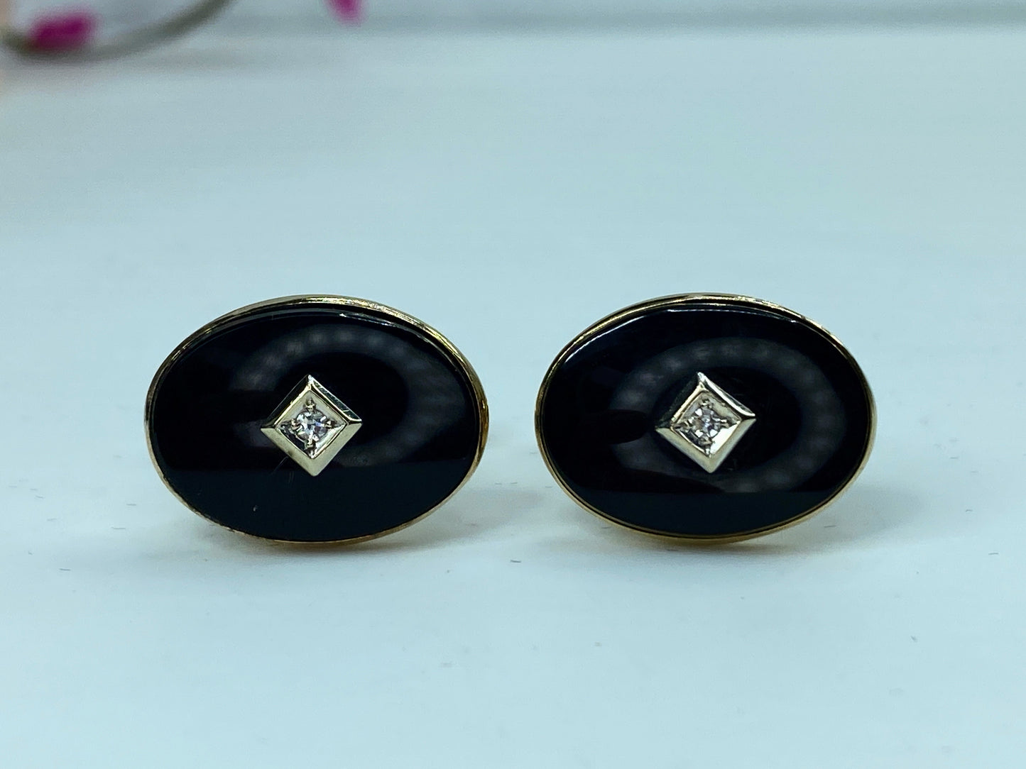 Art Deco 10K gold 0.03ct Old Euro cut Diamond Onyx oval cufflinks 7.5g GS153