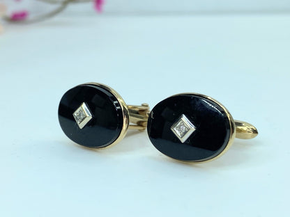 Art Deco 10K gold 0.03ct Old Euro cut Diamond Onyx oval cufflinks 7.5g GS153