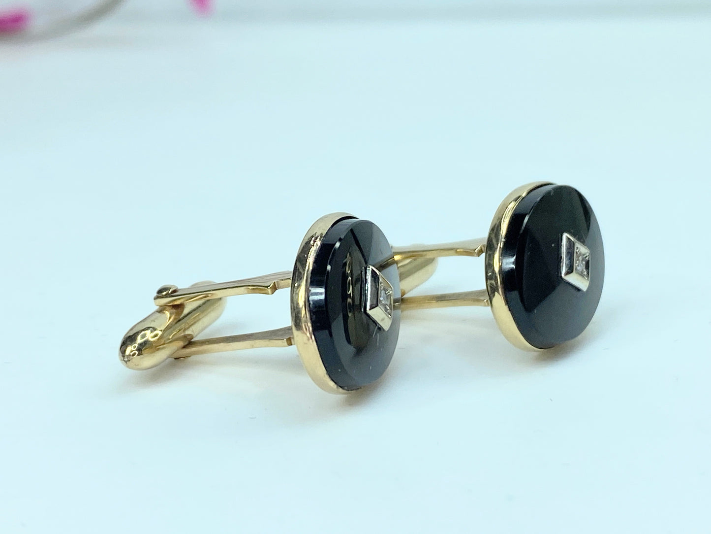 Art Deco 10K gold 0.03ct Old Euro cut Diamond Onyx oval cufflinks 7.5g GS153