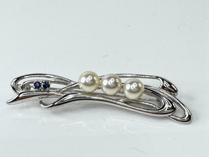 Mid Century Silver Cultured Pearl and Sapphire Brooch Pin JR1715
