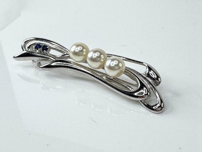 Mid Century Silver Cultured Pearl and Sapphire Brooch Pin JR1715