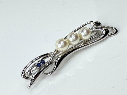 Mid Century Silver Cultured Pearl and Sapphire Brooch Pin JR1715