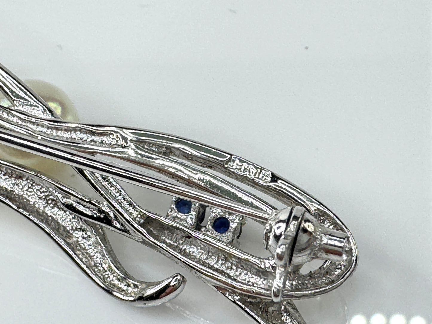 Mid Century Silver Cultured Pearl and Sapphire Brooch Pin JR1715