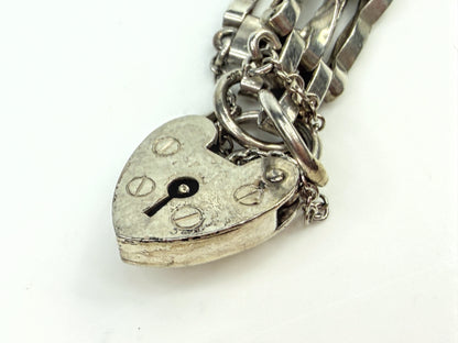 Vintage Sterling Silver Heart Padlock Charm Bracelet 7.5" JR1556