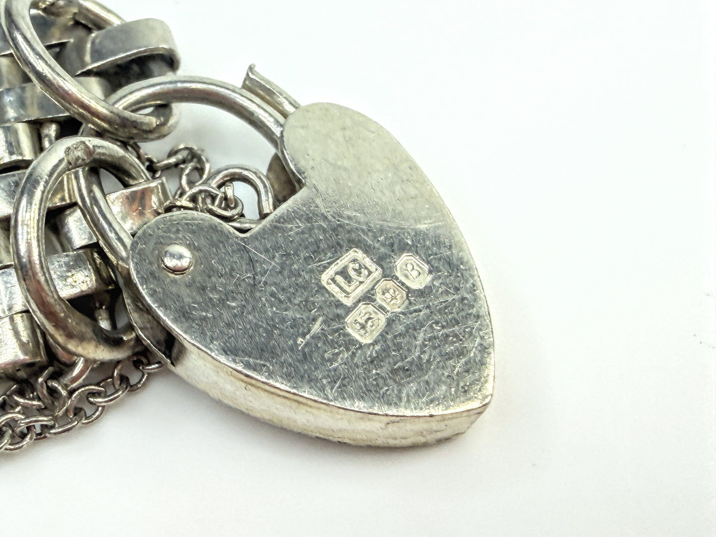 Vintage Sterling Silver Heart Padlock Charm Bracelet 7.5" JR1556