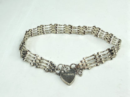 Vintage Sterling Silver Multi Strand Gate Bracelet Heart Padlock 7.25" JR1557