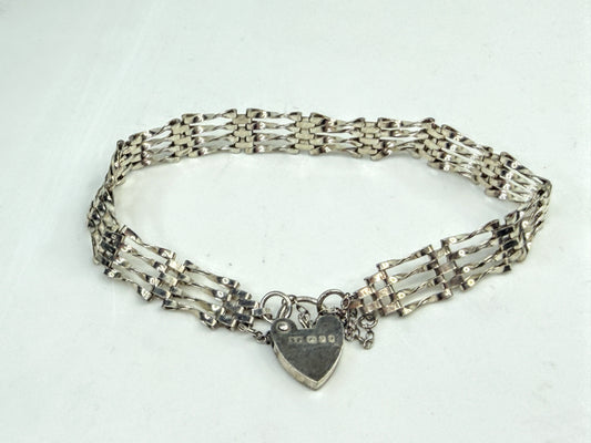 Vintage Sterling Silver Multi Strand Gate Bracelet Heart Padlock 7.25" JR1557