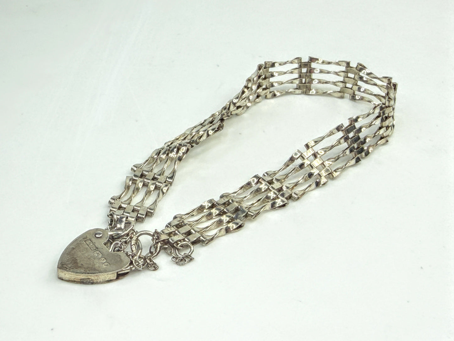 Vintage Sterling Silver Multi Strand Gate Bracelet Heart Padlock 7.25" JR1557