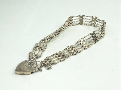 Vintage Sterling Silver Multi Strand Gate Bracelet Heart Padlock 7.25" JR1557
