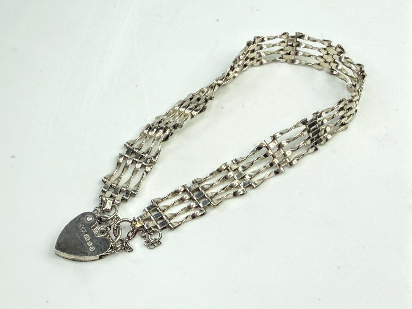 Vintage Sterling Silver Multi Strand Gate Bracelet Heart Padlock 7.25" JR1557