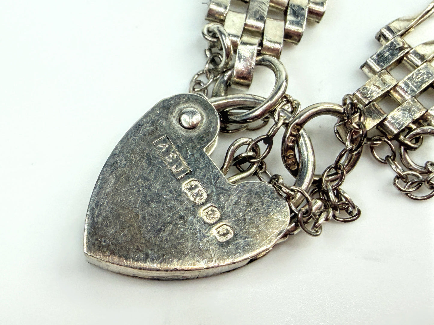 Vintage Sterling Silver Multi Strand Gate Bracelet Heart Padlock 7.25" JR1557