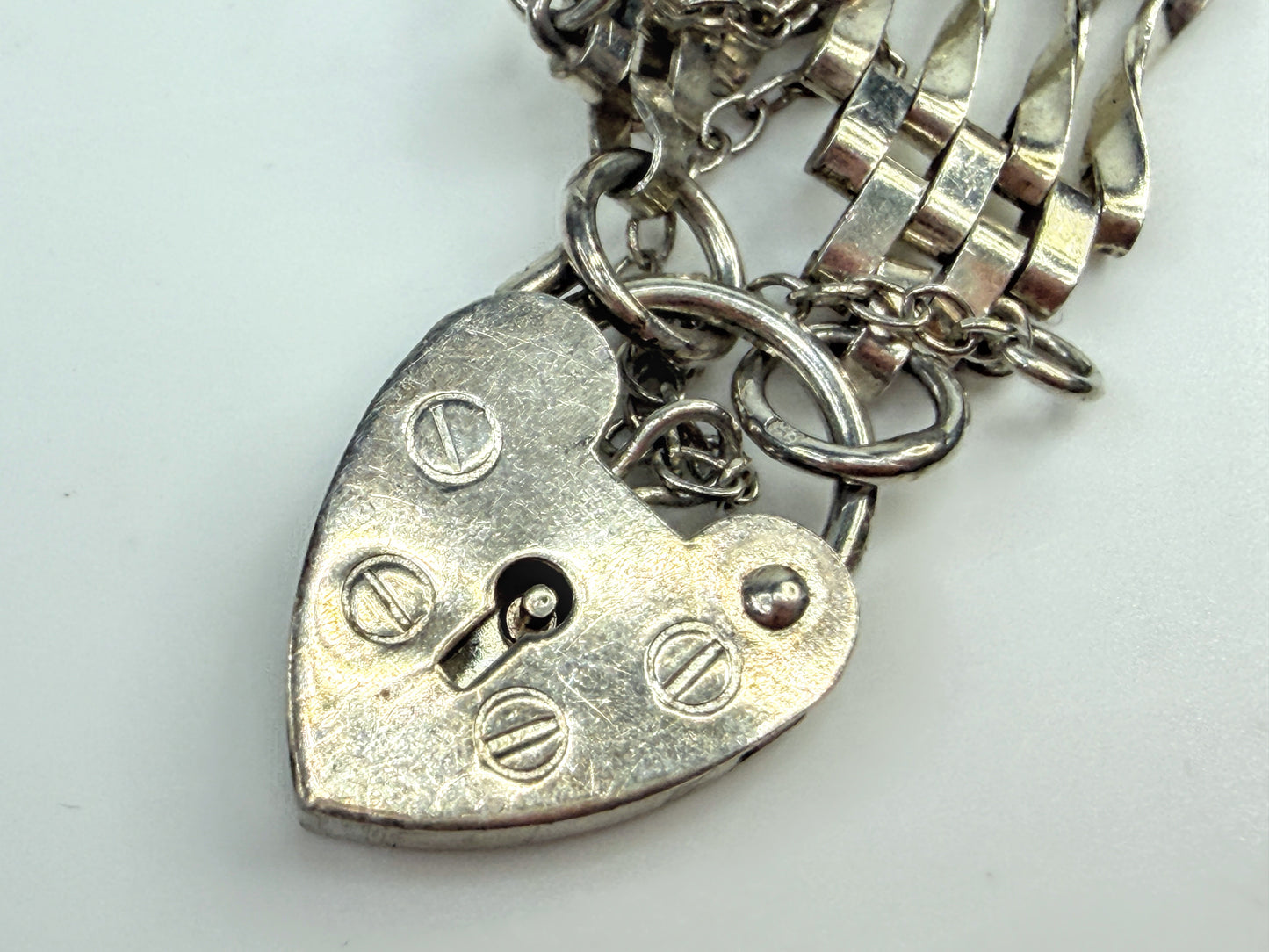 Vintage Sterling Silver Multi Strand Gate Bracelet Heart Padlock 7.25" JR1557