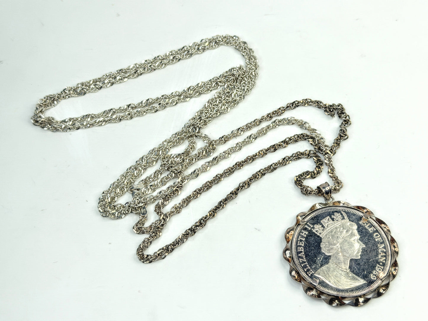 Vintage Sterling 60" Italian Chain & 1989 Persian Cat 1oz Coin Pendant JR1558