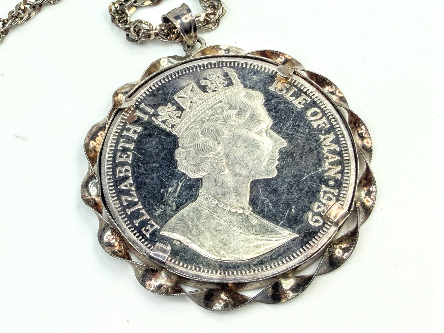 Vintage Sterling 60" Italian Chain & 1989 Persian Cat 1oz Coin Pendant JR1558