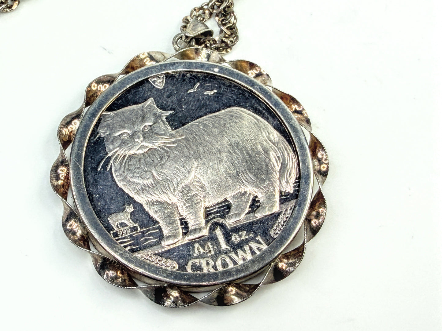 Vintage Sterling 60" Italian Chain & 1989 Persian Cat 1oz Coin Pendant JR1558