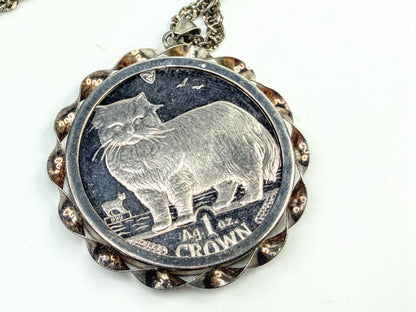 Vintage Sterling 60" Italian Chain & 1989 Persian Cat 1oz Coin Pendant JR1558