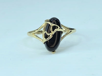 10 Karat Oval Onyx double hearts dainty ring