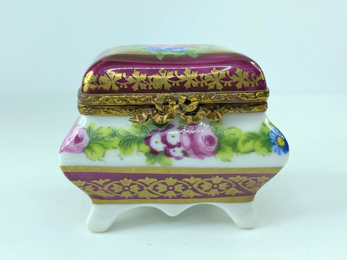 1960s Limoges Porcelain Floral gold Trinket chest hinged box 2 3/8"x1.75" A292