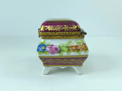 1960s Limoges Porcelain Floral gold Trinket chest hinged box 2 3/8"x1.75" A292
