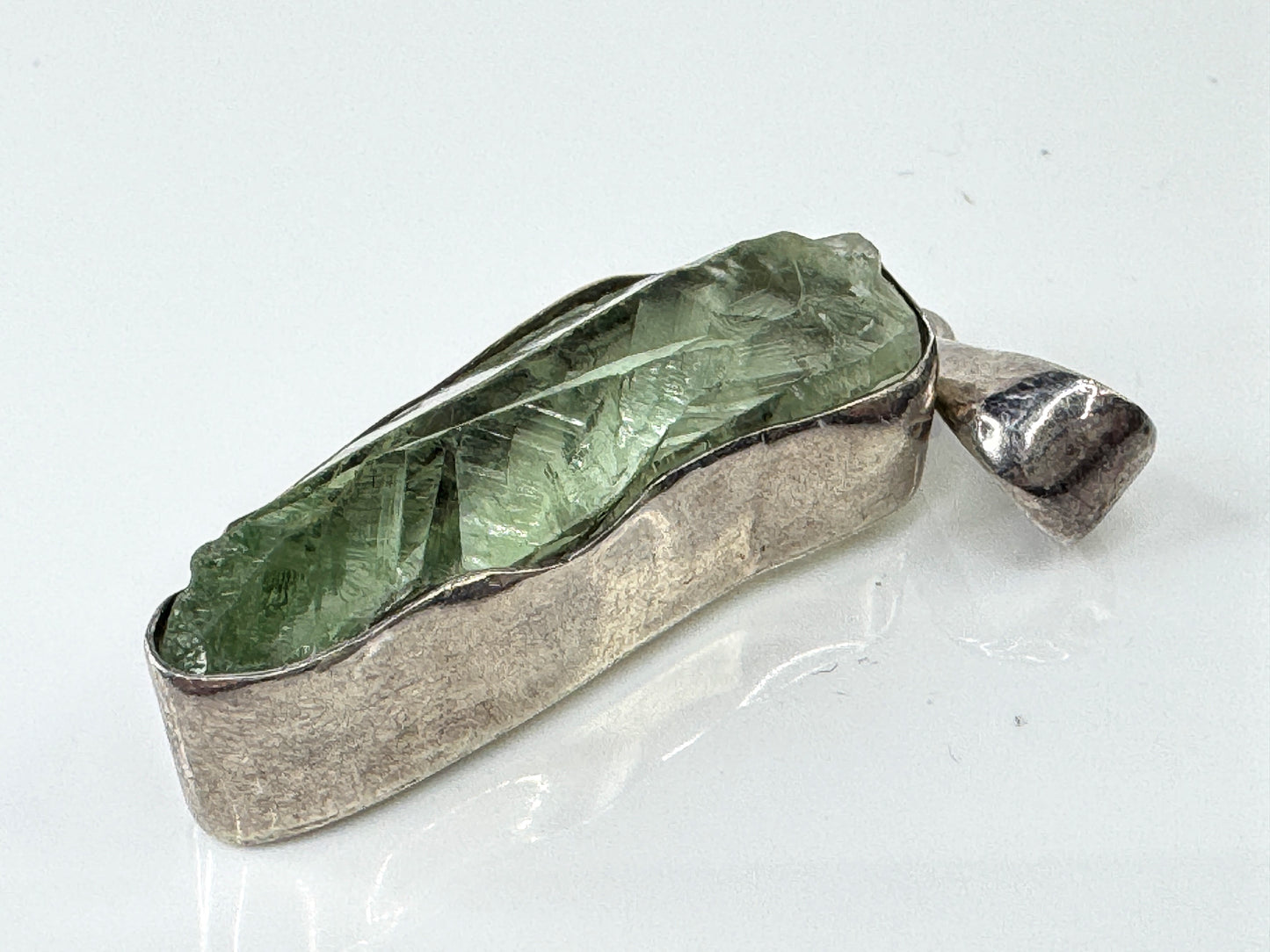 Vintage Signed Sterling Silver Raw Organic Green Quartz Crystal Pendant JR1721