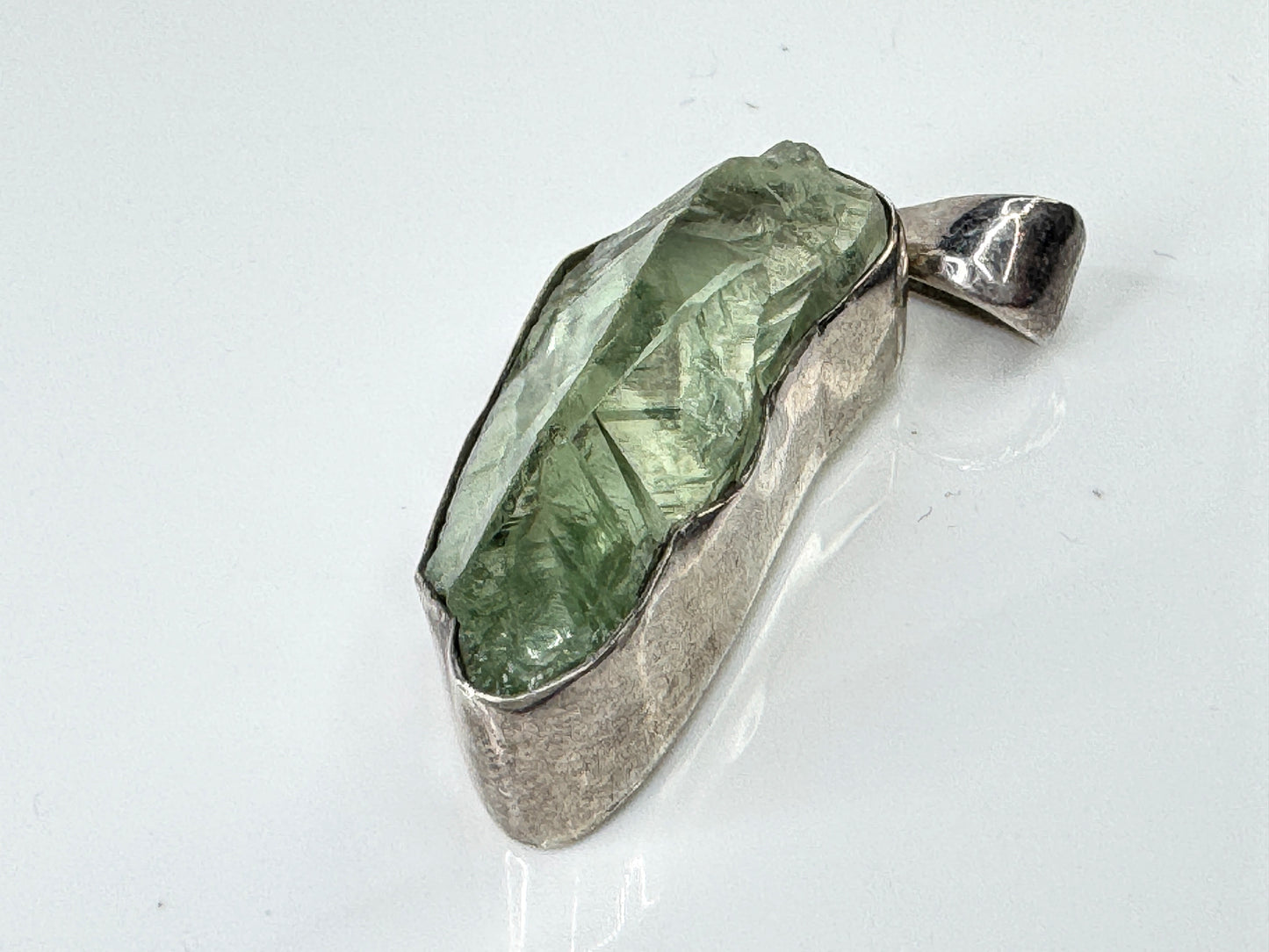 Vintage Signed Sterling Silver Raw Organic Green Quartz Crystal Pendant JR1721