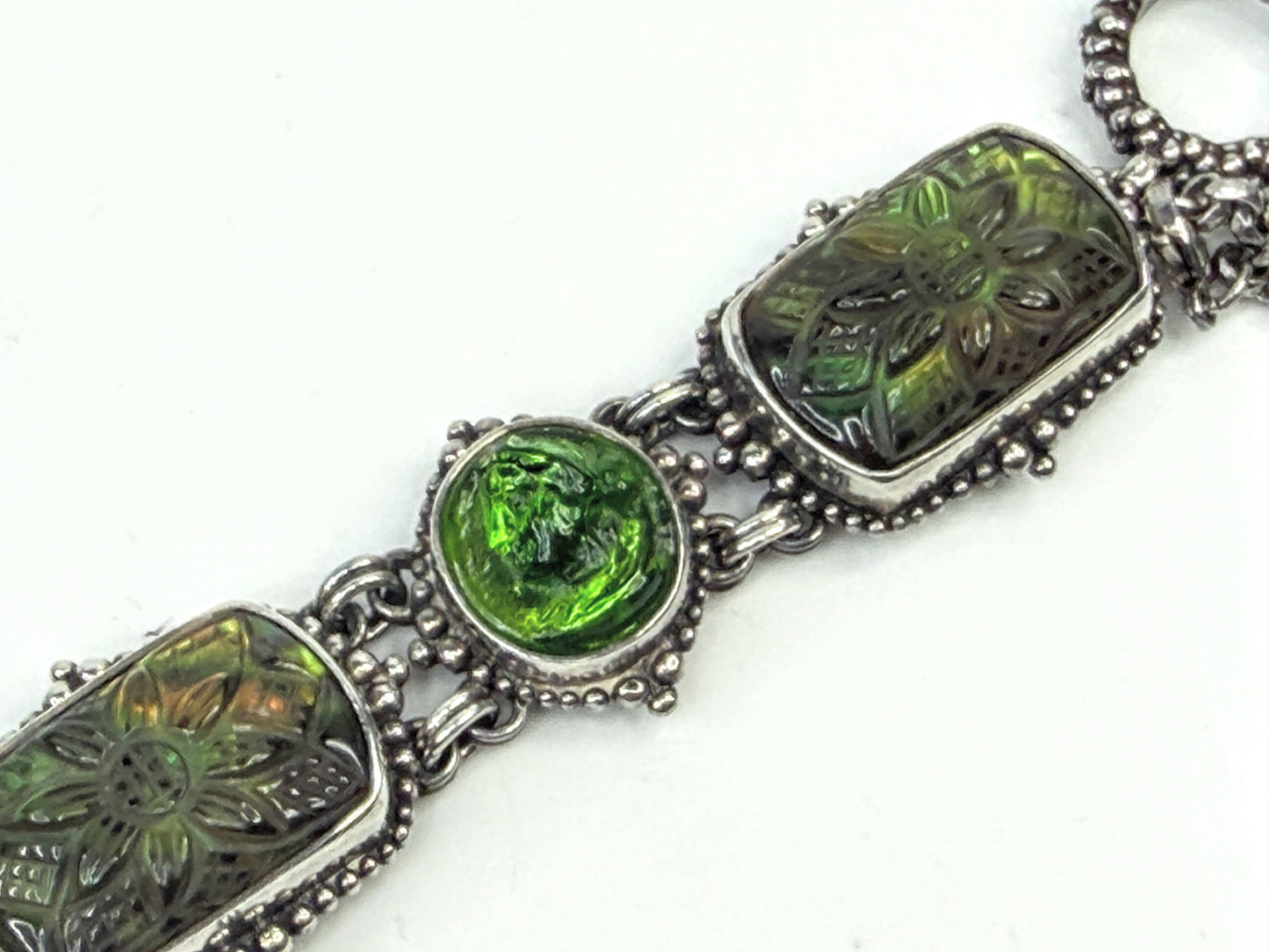 Vintage Stephen Dweck Sterling Carved Green Quartz Intaglio Bracelet JR1559