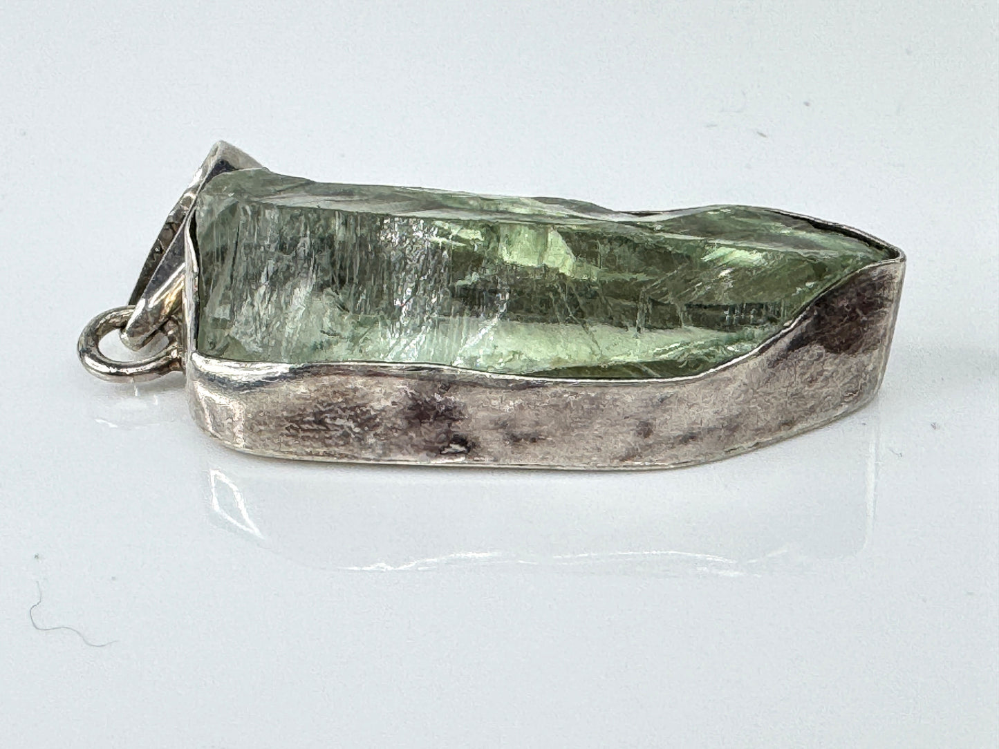 Vintage Signed Sterling Silver Raw Organic Green Quartz Crystal Pendant JR1721