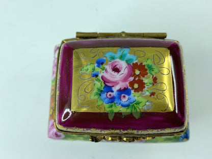 1960s Limoges Porcelain Floral gold Trinket chest hinged box 2 3/8"x1.75" A292