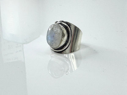 Vintage Sterling Silver Moonstone Wide Band Ring Size 6.5 925 JR1717
