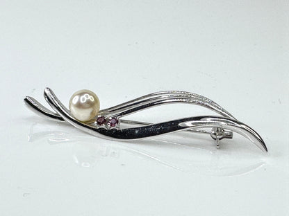 Japanese Sterling Silver 7.5mm Pearl and Ruby Spray Brooch Pin JR1723