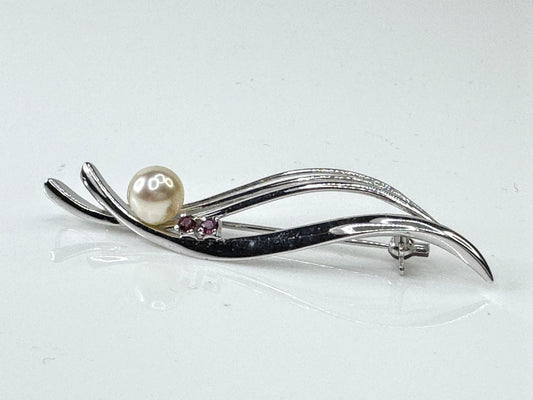 Japanese Sterling Silver 7.5mm Pearl and Ruby Spray Brooch Pin JR1723