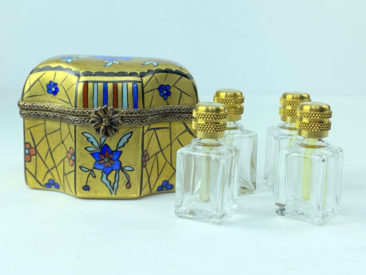 Limoges France Peint Main Casket & 4 Glass Miniature Perfume Scent Bottles A293