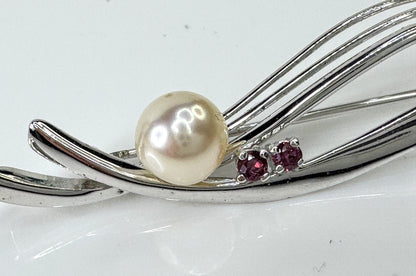 Japanese Sterling Silver 7.5mm Pearl and Ruby Spray Brooch Pin JR1723