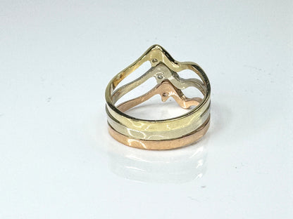 14K Tri-Tone Gold Three Diamond Wave Band Ring Size 8 JR1724