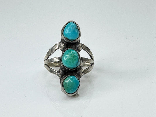 Vintage Sterling Silver Three Turquoise Triple Shank Ring Size 6 JR1727