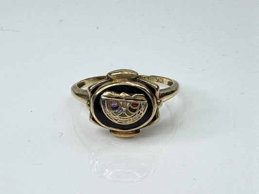 10K Gold Egyptian Revival Black Enamel Scarab Signet Ring s7 JR1728