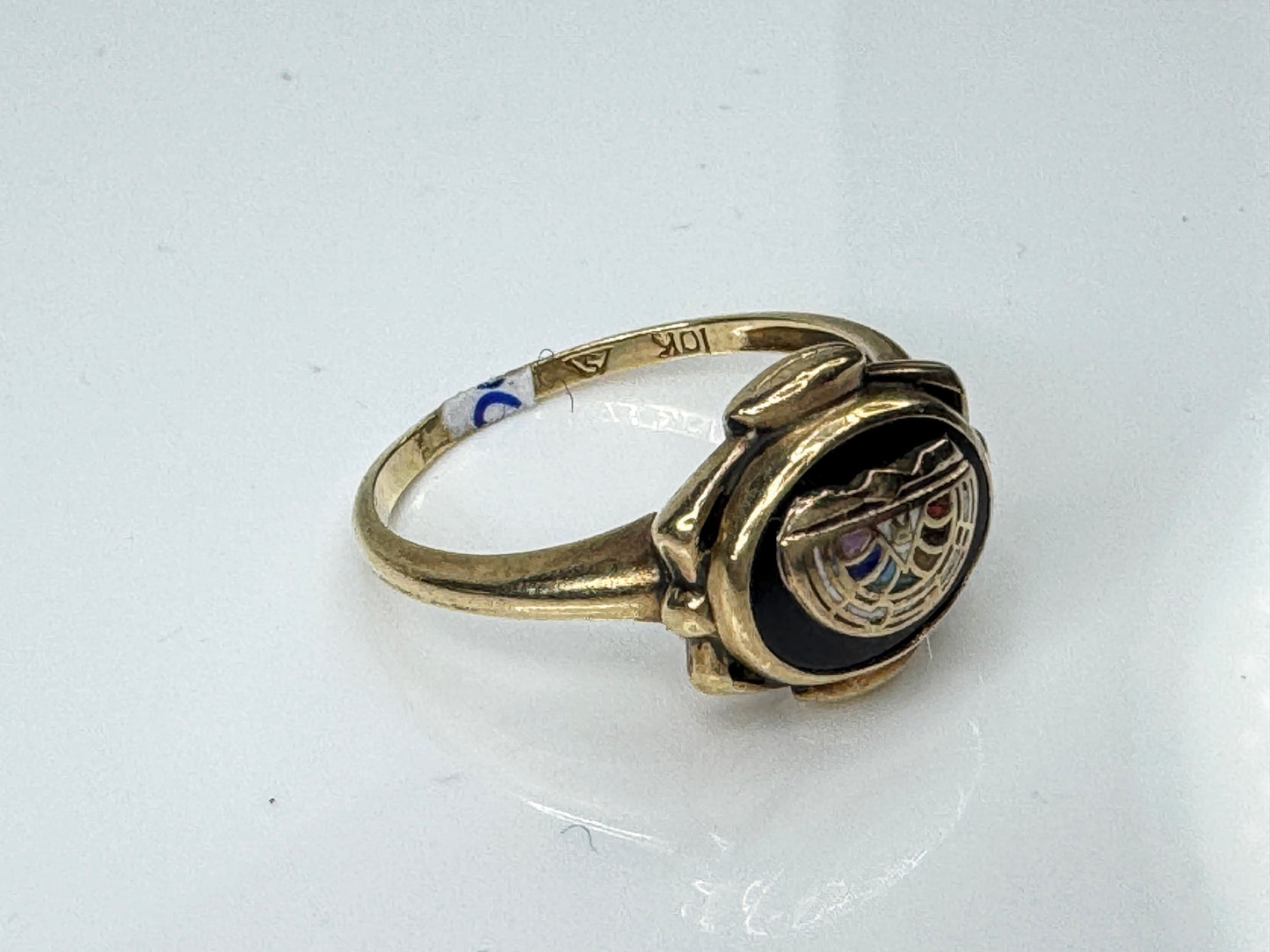 10K Gold Egyptian Revival Black Enamel Scarab Signet Ring s7 JR1728