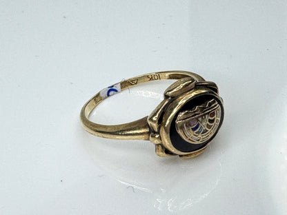 10K Gold Egyptian Revival Black Enamel Scarab Signet Ring s7 JR1728