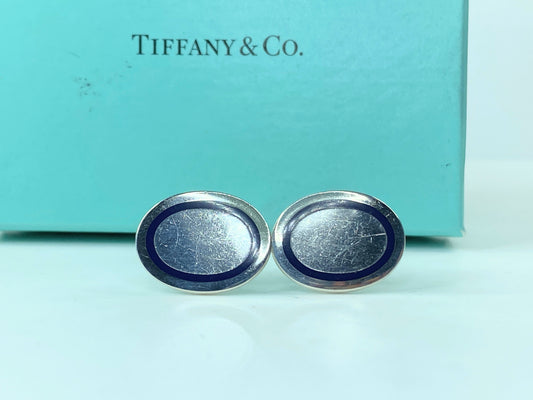Tiffany & Co Silver Blue Stripe Enamel Circle Cuff Link Cufflink 11.4g JR556