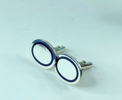 Tiffany & Co Silver Blue Stripe Enamel Circle Cuff Link Cufflink 11.4g JR556