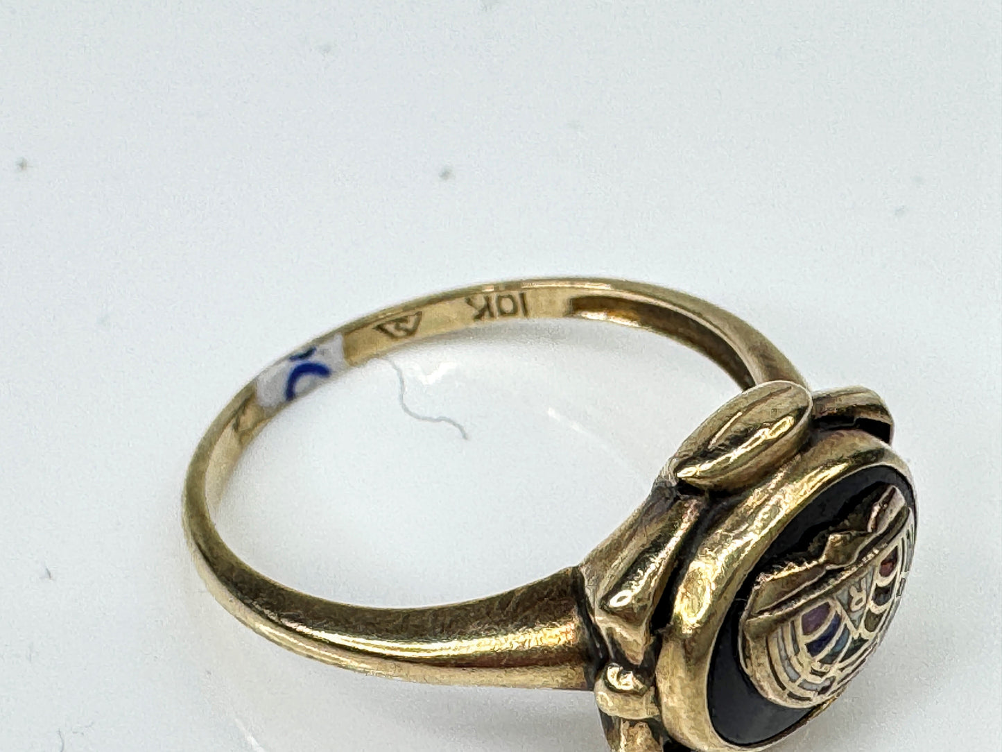 10K Gold Egyptian Revival Black Enamel Scarab Signet Ring s7 JR1728
