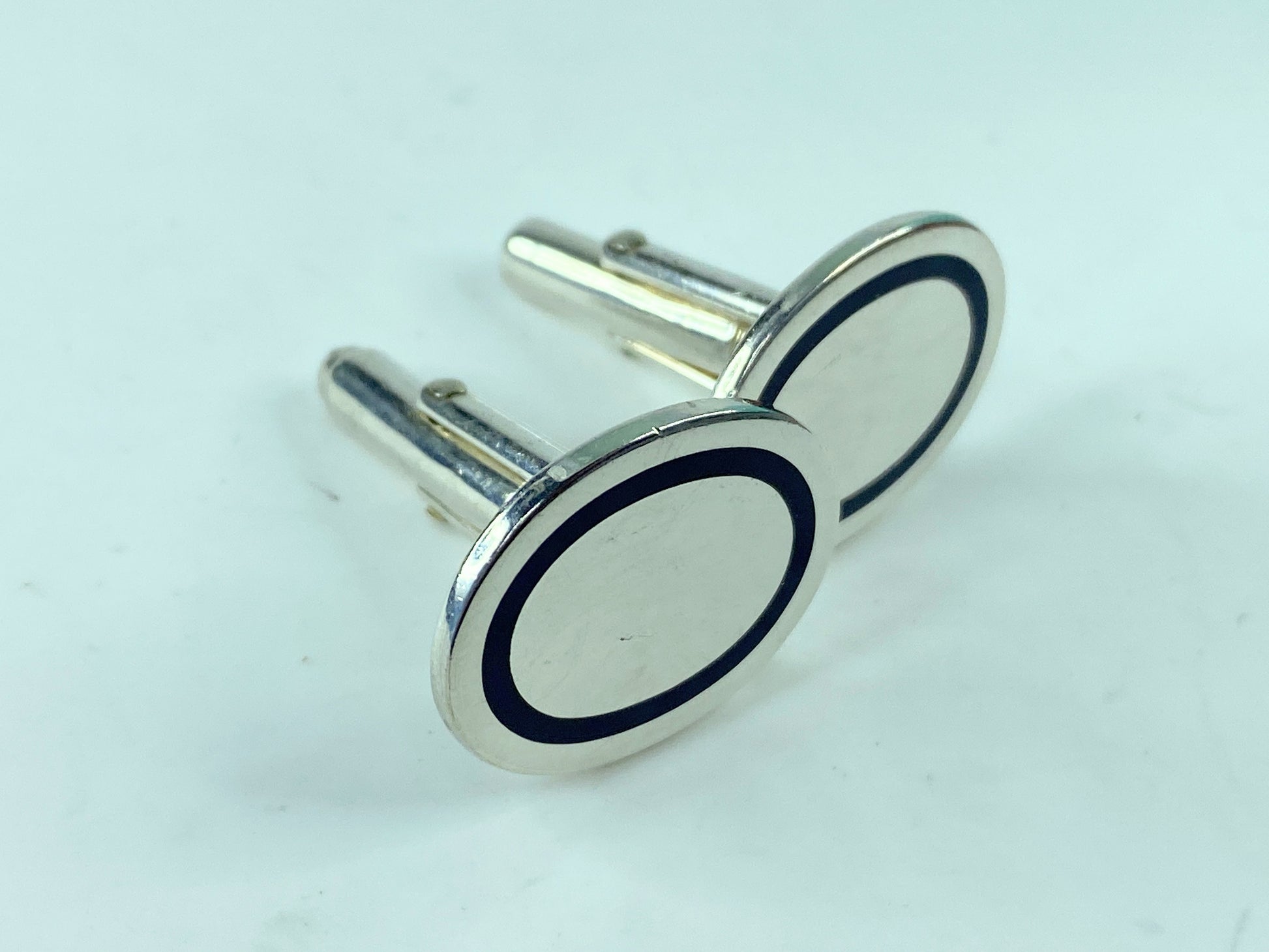 Tiffany & Co Silver Blue Stripe Enamel Circle Cuff Link Cufflink 11.4g JR556