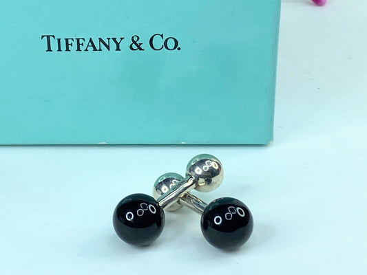 Tiffany & Co Silver Black Onyx Gemstone Barbell Cufflinks in pouch 7.3g SS115