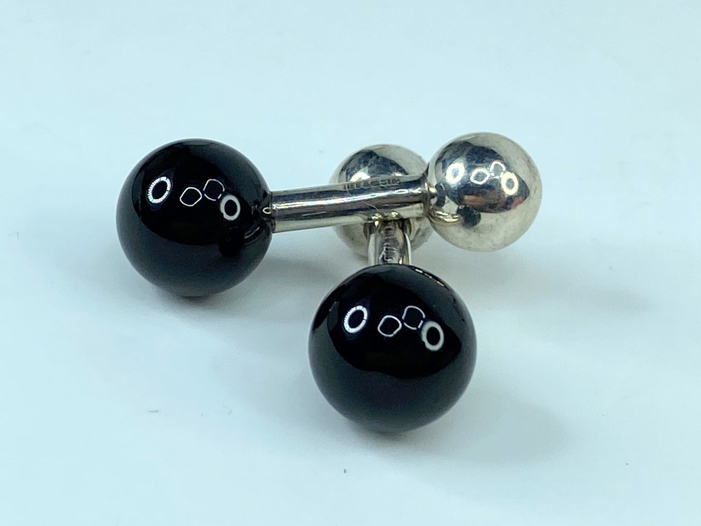 Tiffany & Co Silver Black Onyx Gemstone Barbell Cufflinks in pouch 7.3g SS115